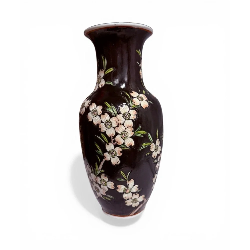 Vintage Japanese Vase Chinoiserie Cherry Blossom Dogwood Flower 8